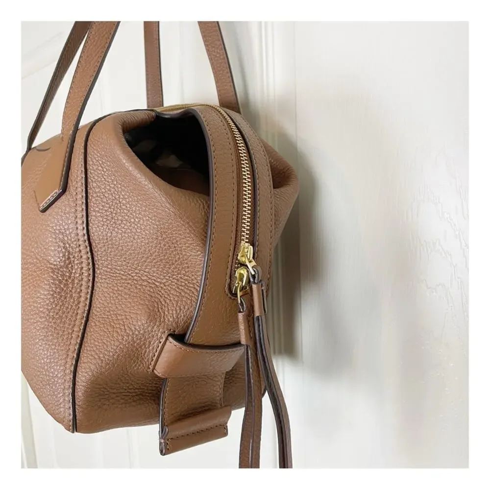 Tory Burch Perry Moose Brown Satchel Bag Pebbled Leather Zip Top Handbag